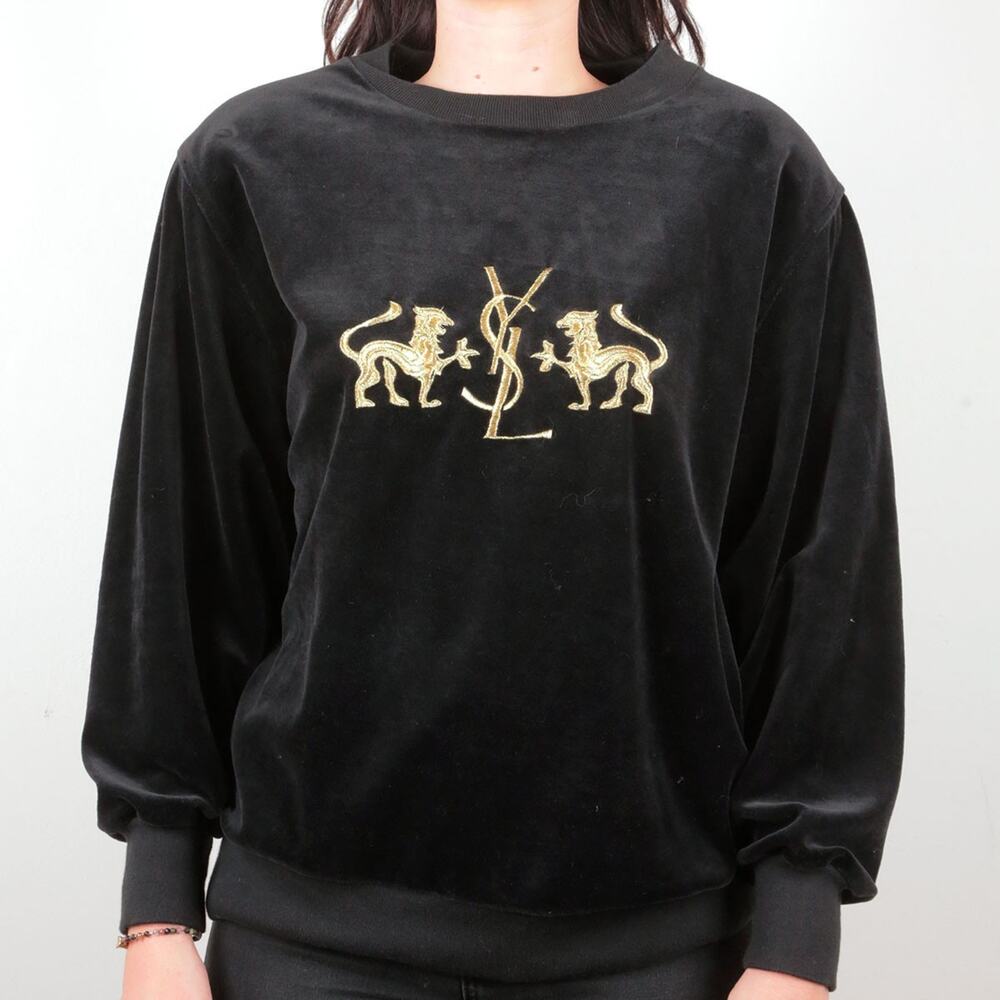 YSL Yves Saint Laurent Velvet Sweater Sweatshirt Velour Gold Embroidery Logo M